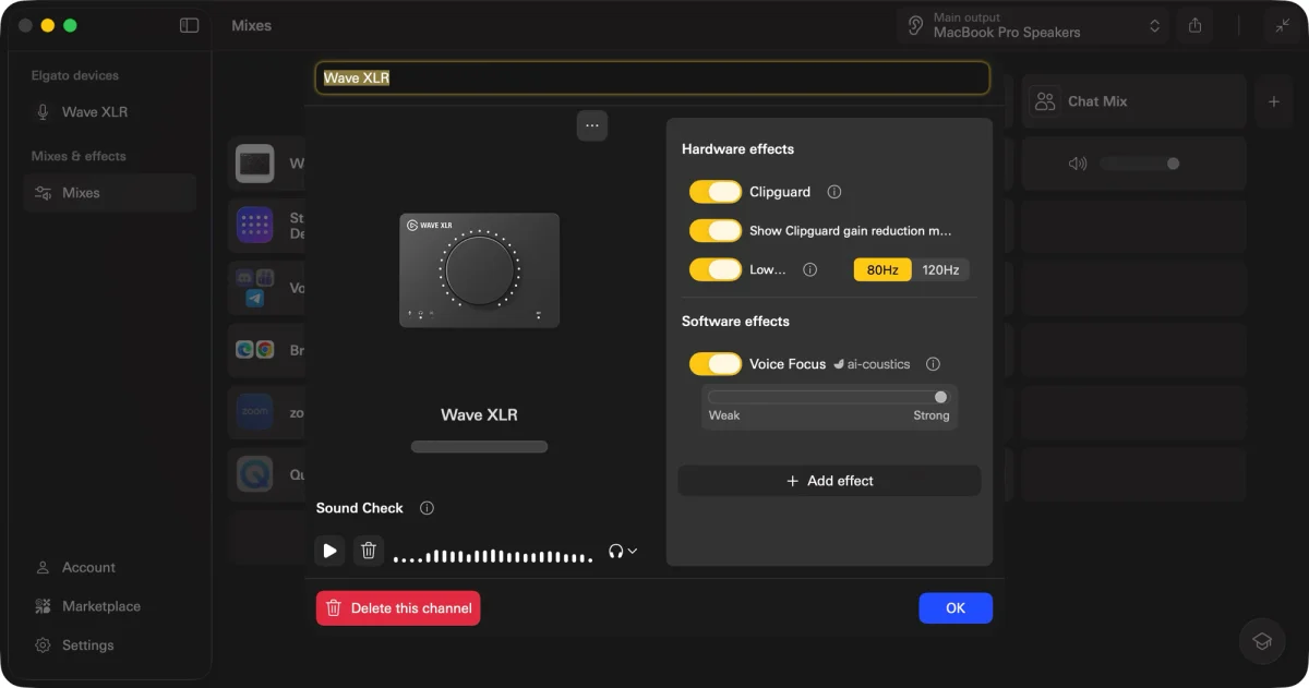 Configuración de efectos por canal en Wave Link 3.0