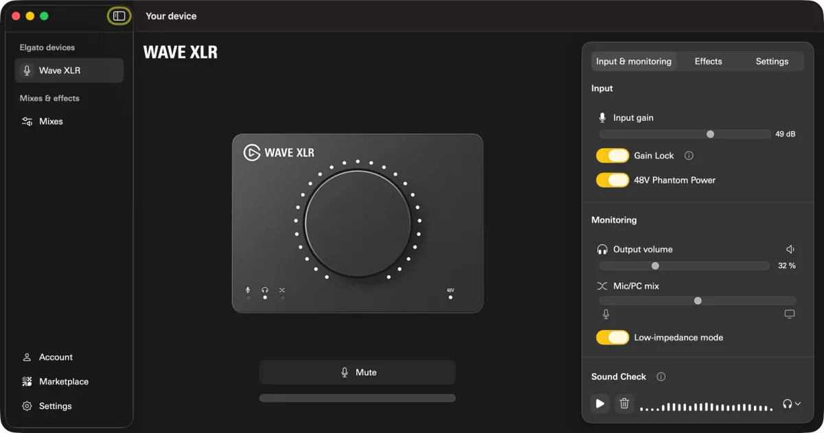 Vista de dispositivo Wave XLR con controles de entrada y monitorización