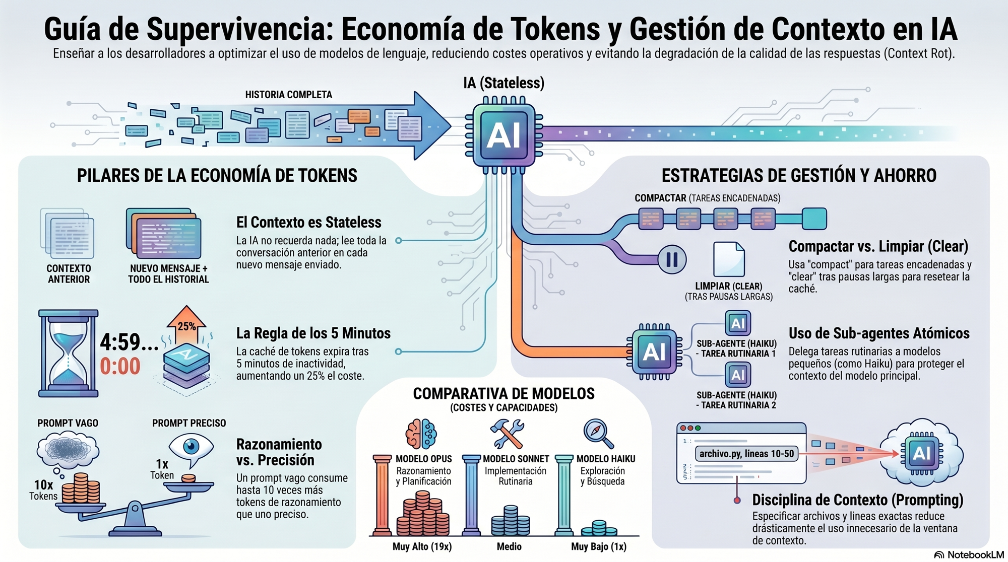 Economía de tokens: la regla de los 5 minutos, /compact vs /clear, comparativa de modelos Opus/Sonnet/Haiku