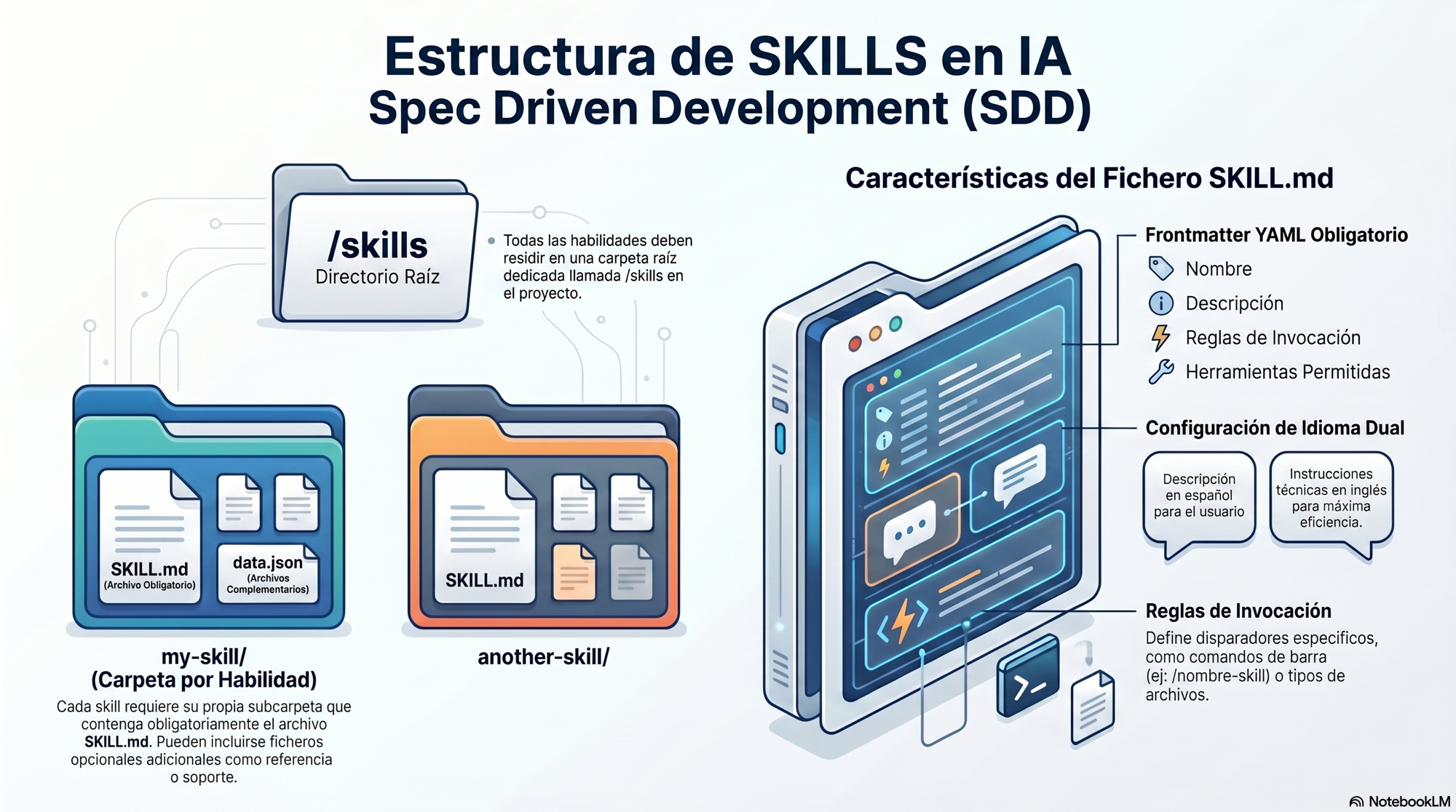 Estructura del directorio /skills en SDD: carpetas por habilidad, frontmatter YAML obligatorio y configuración dual de idioma