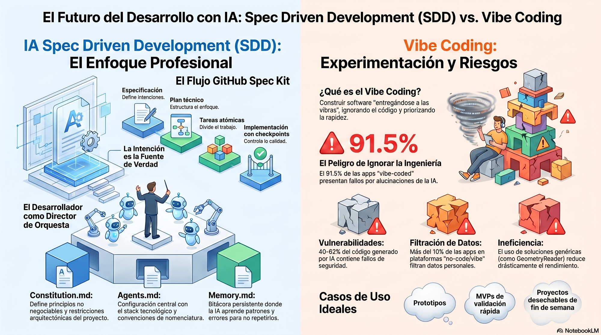 SDD como enfoque profesional vs Vibe Coding: flujo GitHub Spec Kit, riesgos y casos de uso ideales