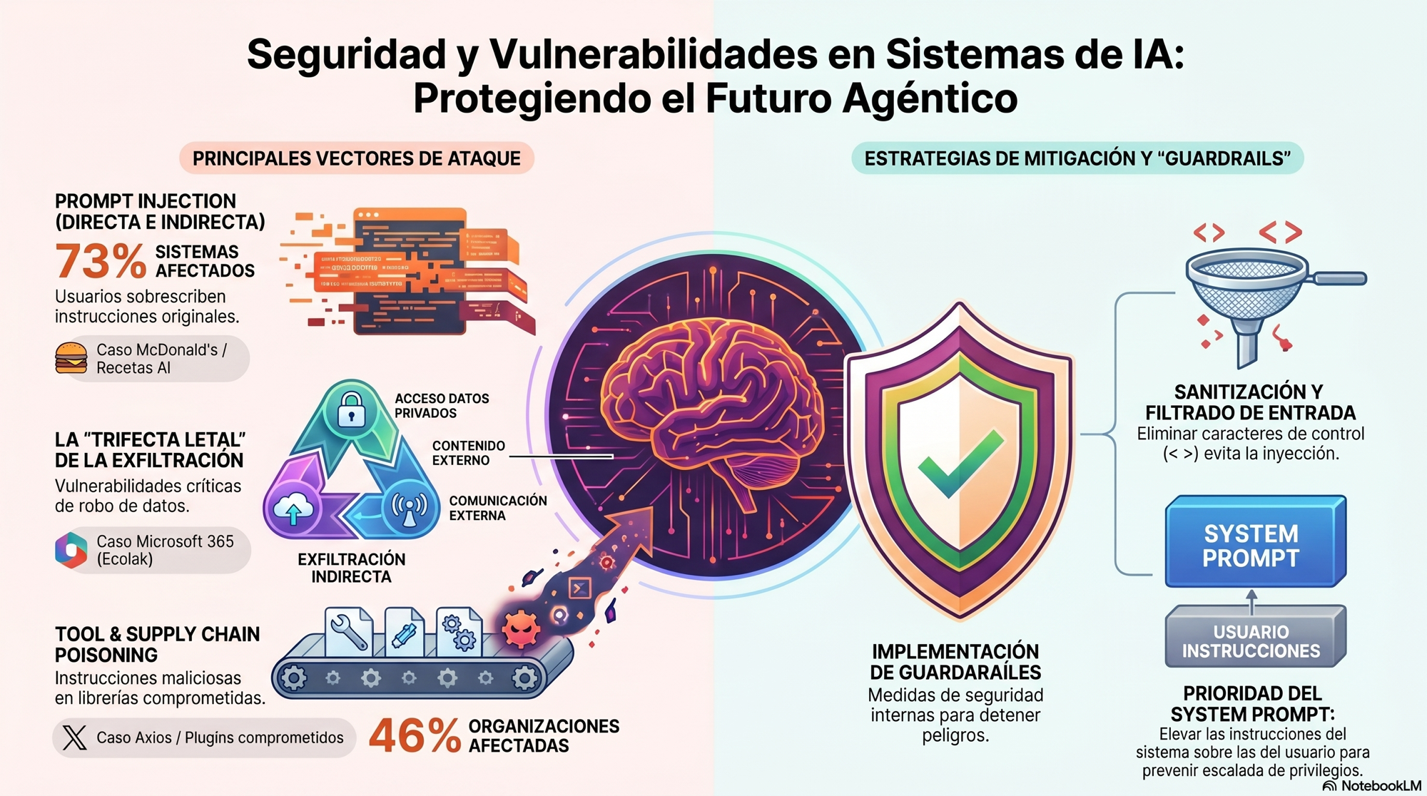 Seguridad en sistemas de IA: prompt injection (#1 OWASP LLM Top 10, 94% agentes vulnerables), Trifecta Letal, supply chain attacks (45% organizaciones, Gartner 2025)